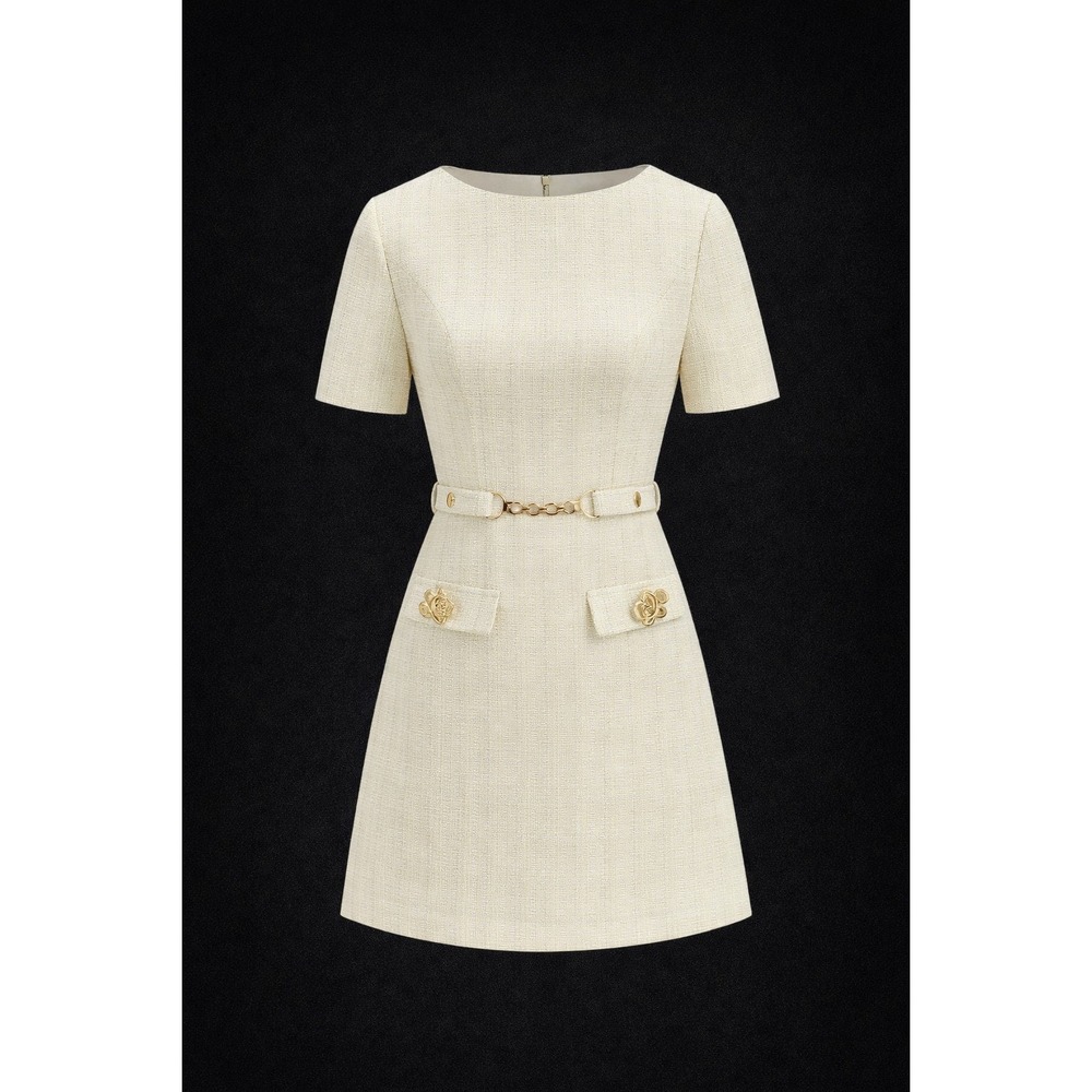 Commense Cream Tweed Mini Dress Ivory Size L Gold Accents Chain Belt Old Money - Picture 2 of 11